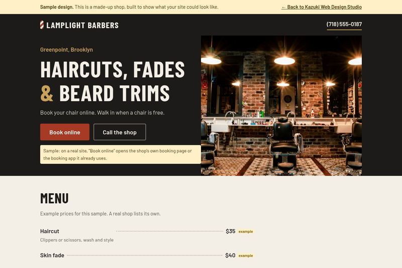 Sample home page for Lamplight Barbers, a made-up barbershop in Brooklyn