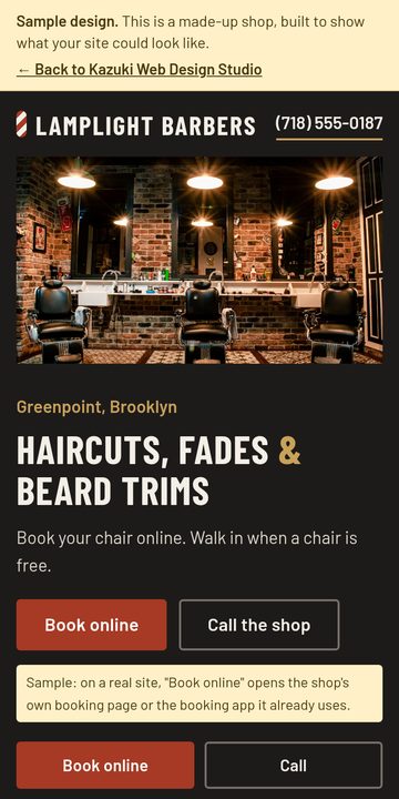 Lamplight Barbers sample on a phone