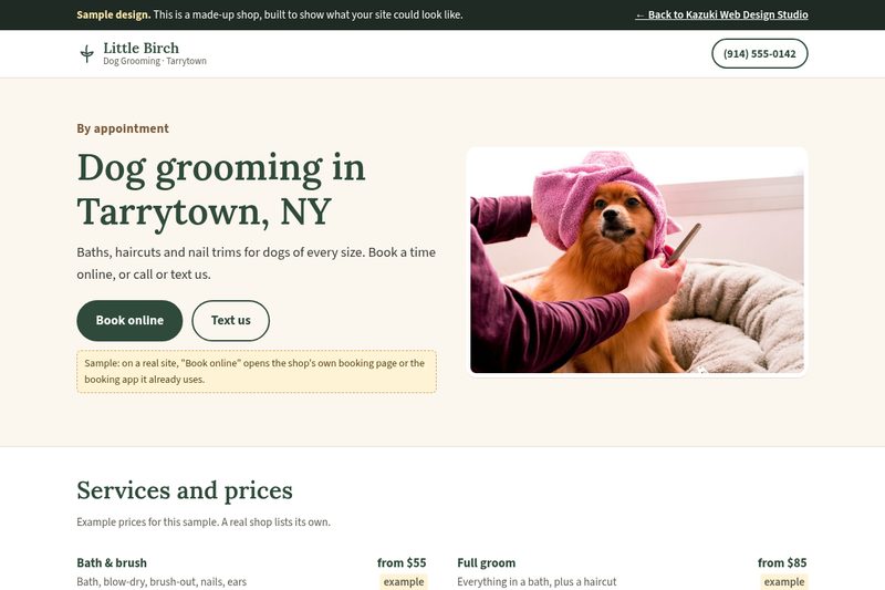 Sample home page for Little Birch Dog Grooming, a made-up dog groomer in Tarrytown, NY
