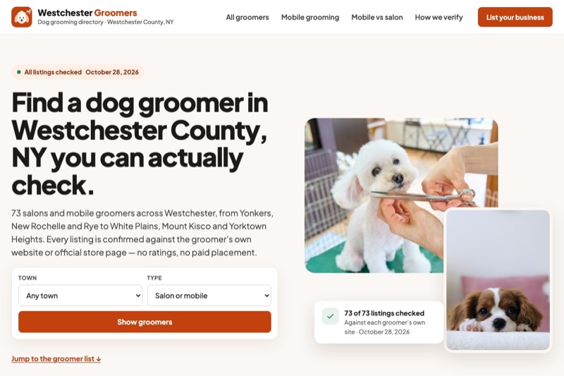 Home page of westchestergroomers.com, a list of dog groomers in Westchester County
